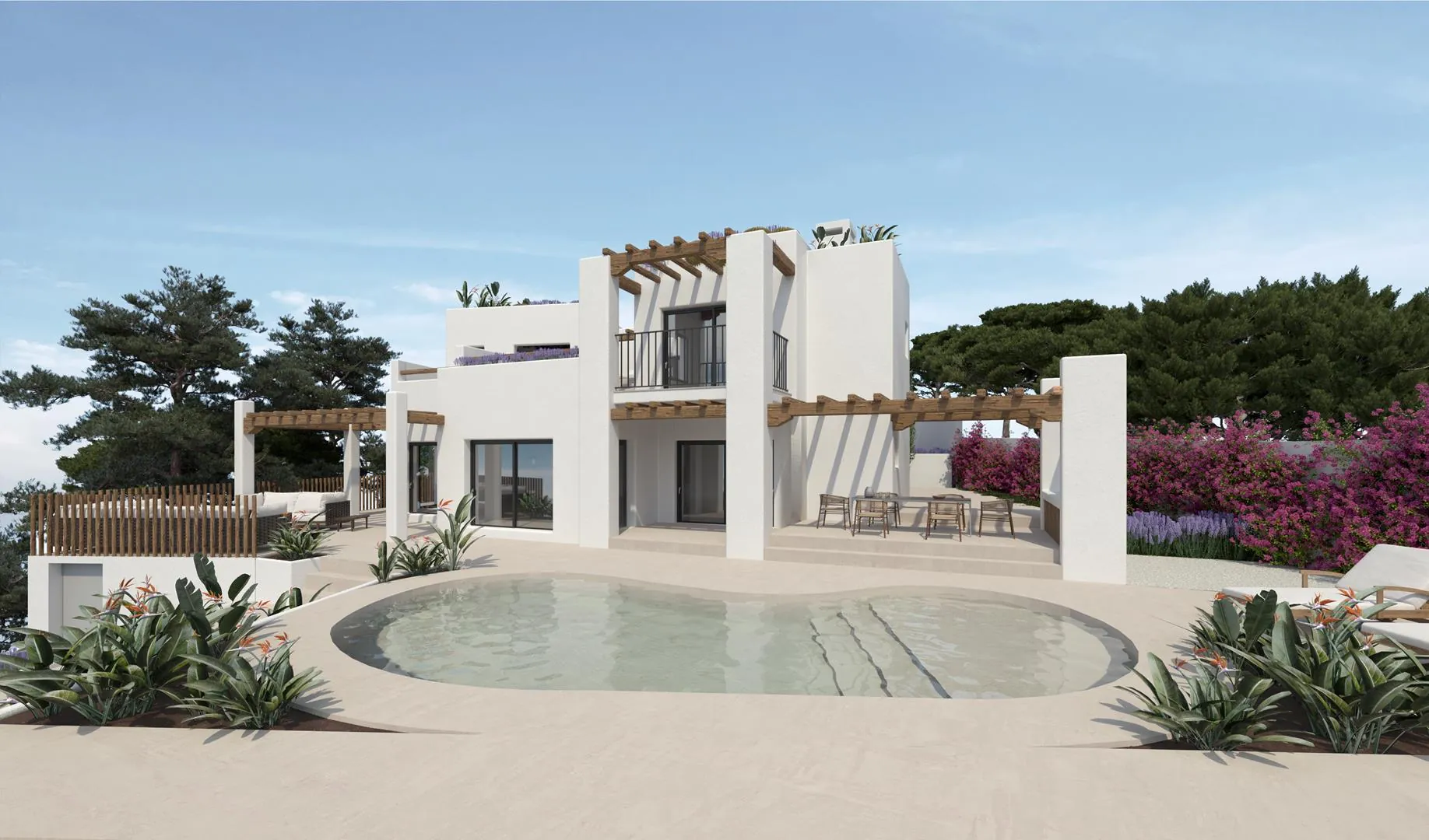 Render de vivienda en Moraira con piscina curva