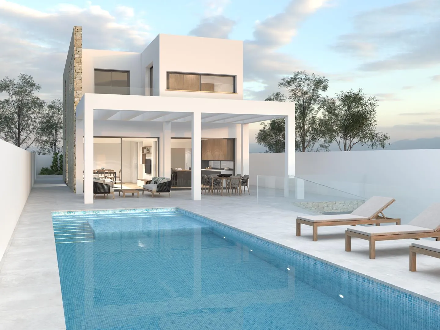 Render exterior de vivienda moderna con piscina y porche