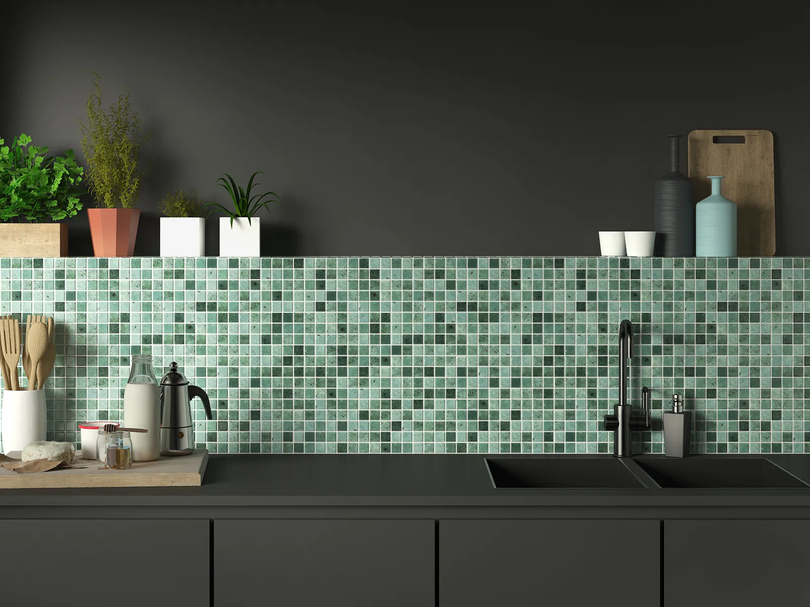 Mosaico verde en frente de cocina