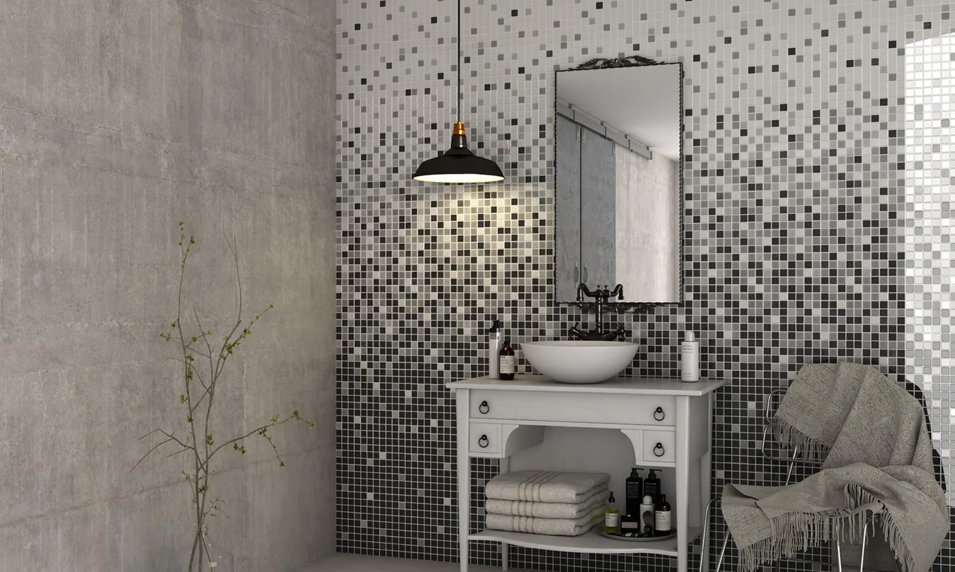 Mosaico en degradado de grises en baño